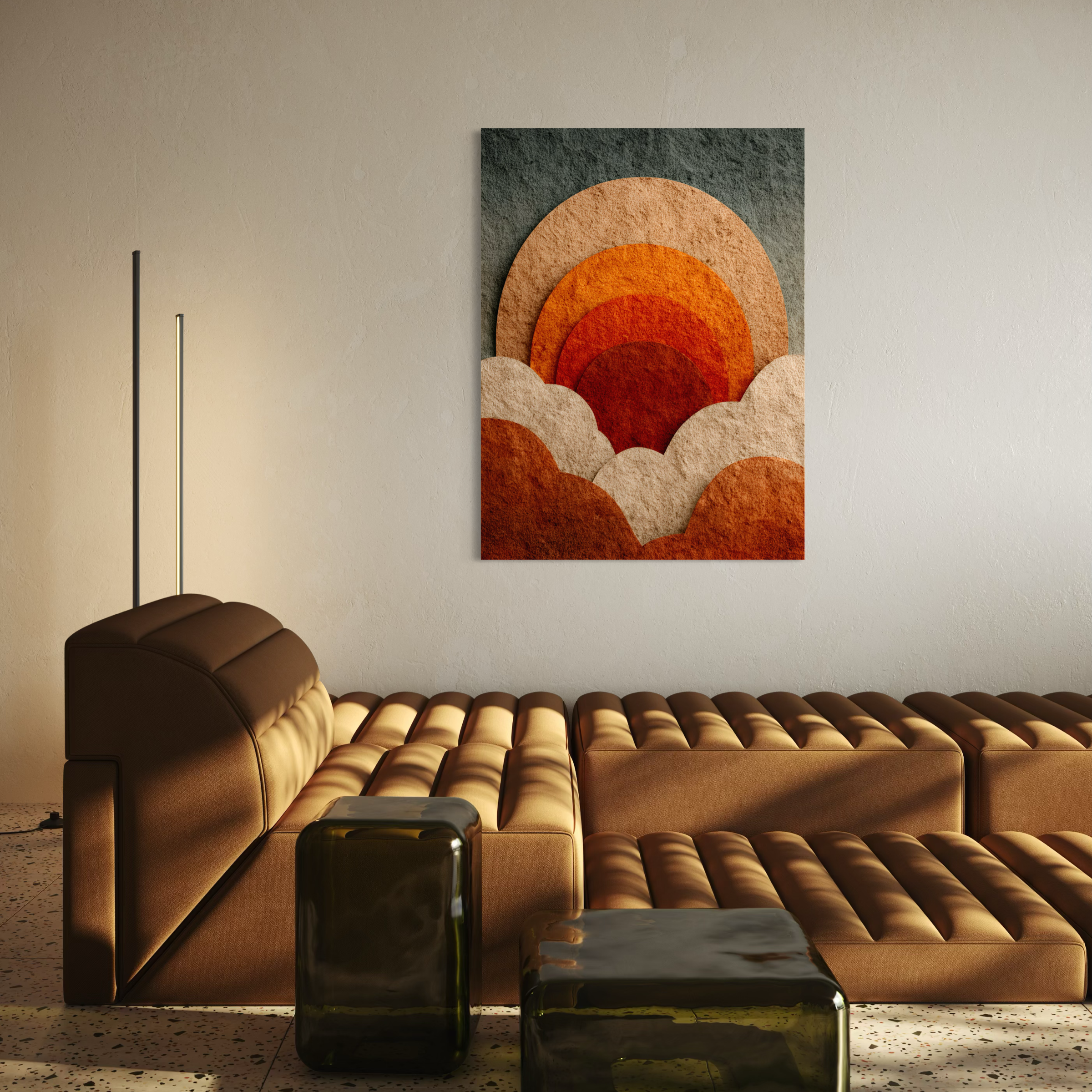 Tableau Japandi représentant des collines abstraites et un coucher de soleil terracotta dans un style zen et minimaliste