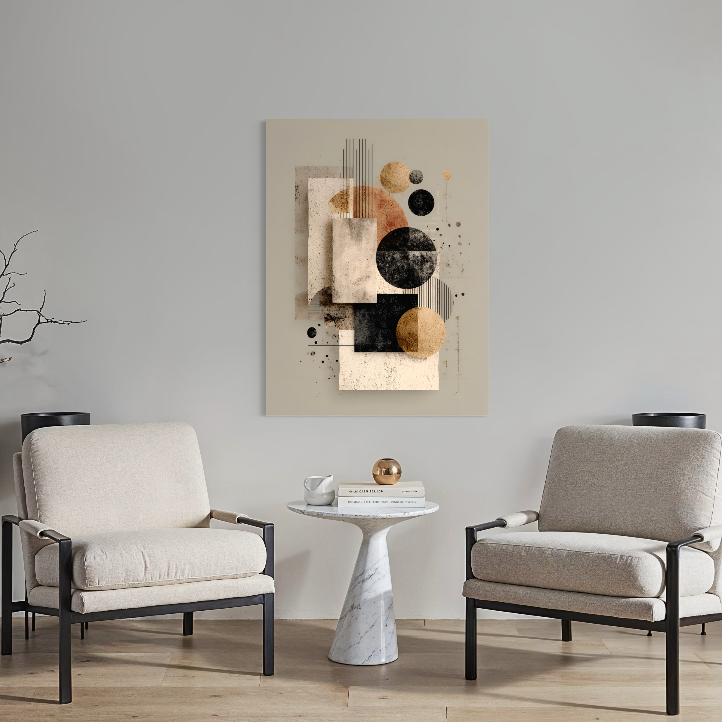 Tableau Japandi abstrait avec formes géométriques texturées dans des tons beige, noir et doré au style zen et contemporain