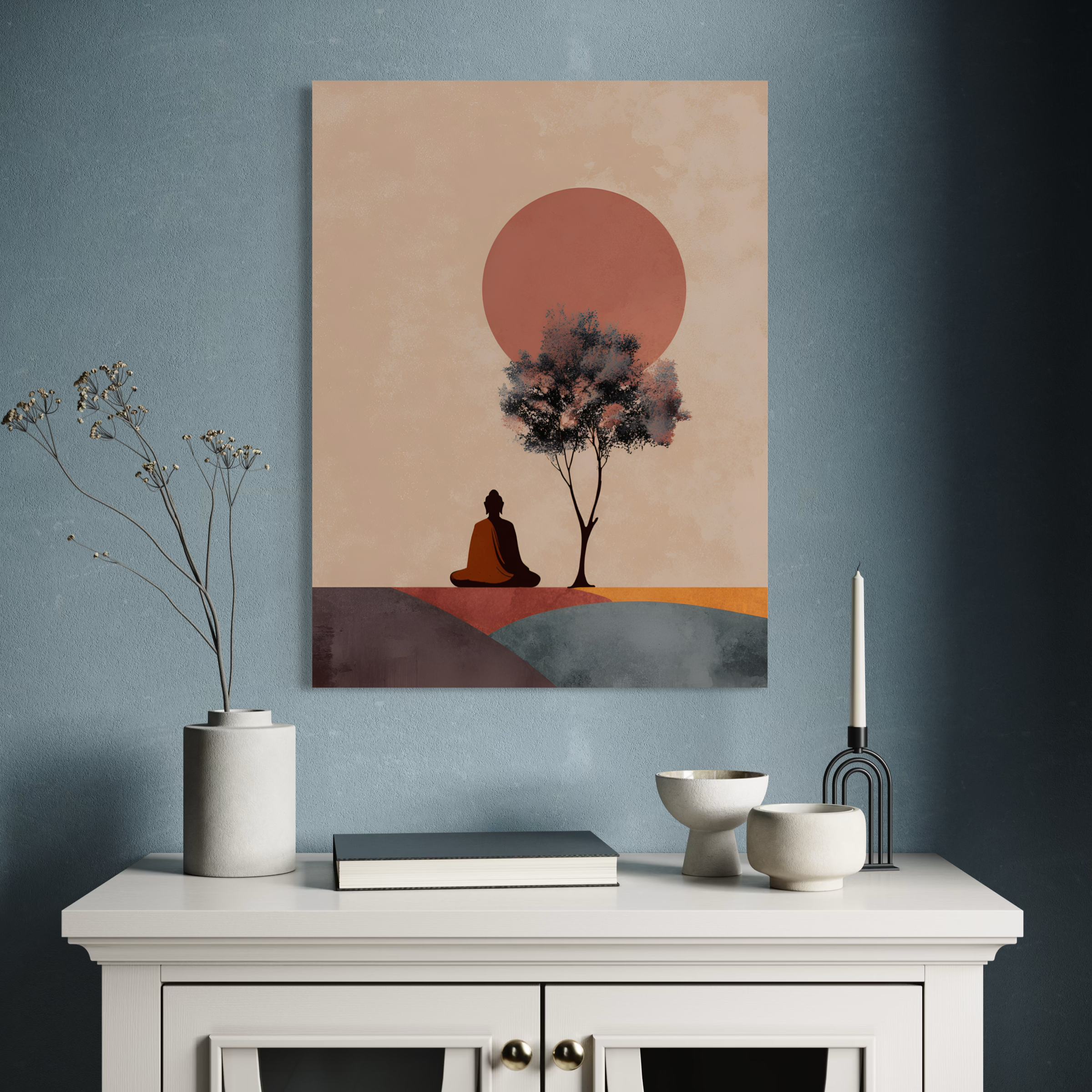 Tableau Japandi représentant une silhouette en méditation sous une lune terracotta avec arbre minimaliste dans une ambiance zen