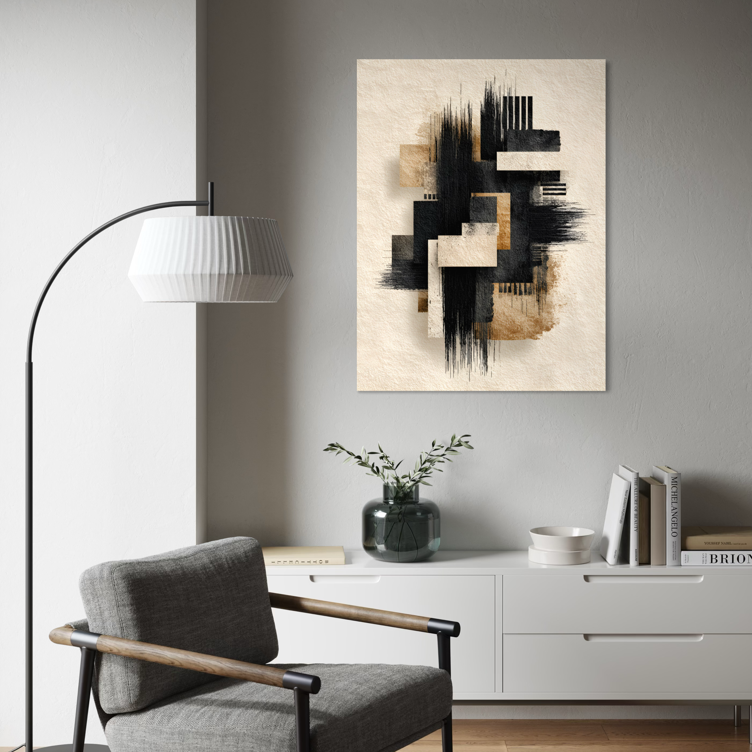 Tableau Japandi abstrait avec coups de pinceau noirs, formes géométriques et touches dorées dans un style zen contemporain