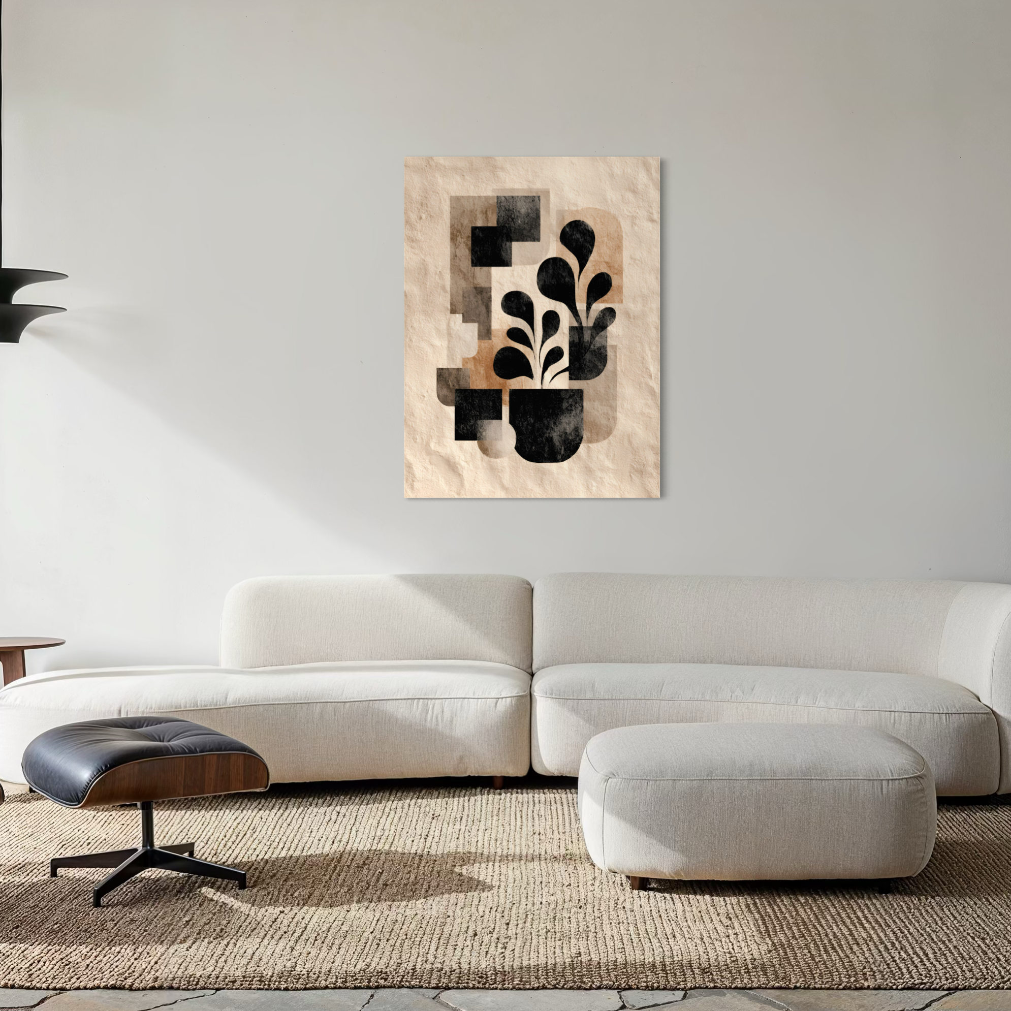 Tableau Japandi abstrait représentant une plante stylisée noire avec formes géométriques minimalistes beige et taupe