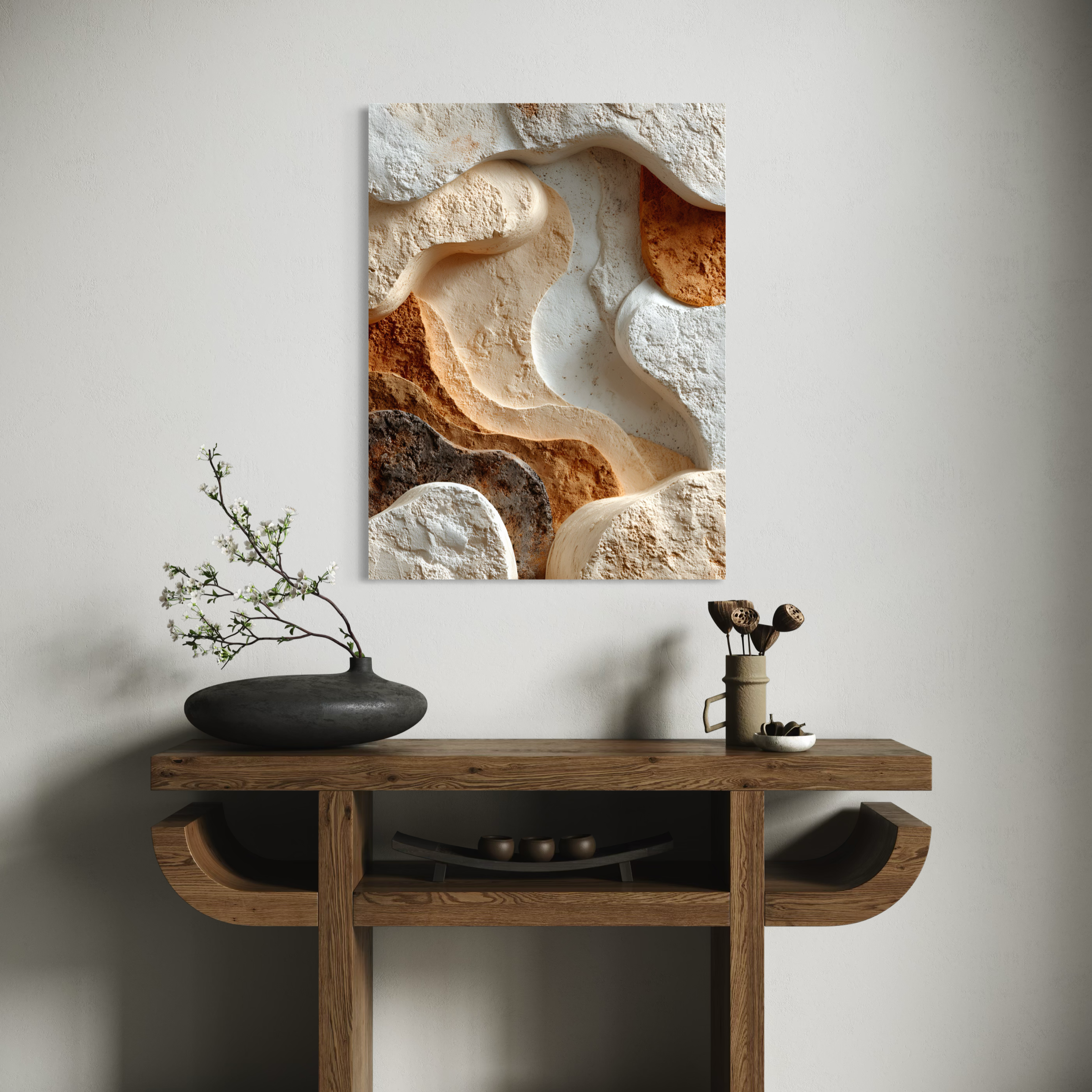 Tableau Japandi abstrait avec reliefs minéraux organiques et textures naturelles beige, sable et terracotta