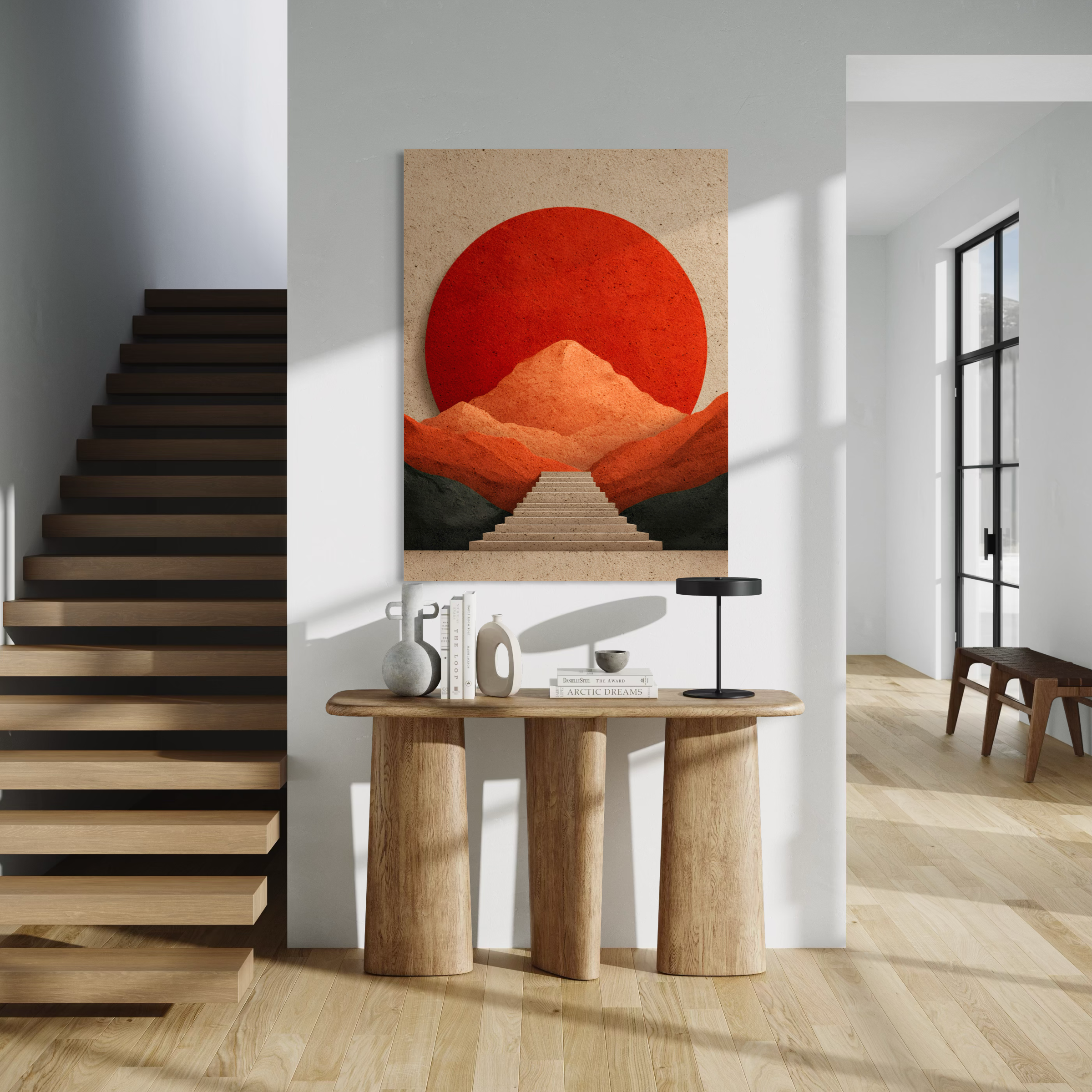 Tableau Japandi représentant un soleil rouge derrière des montagnes abstraites avec un escalier minimaliste en relief