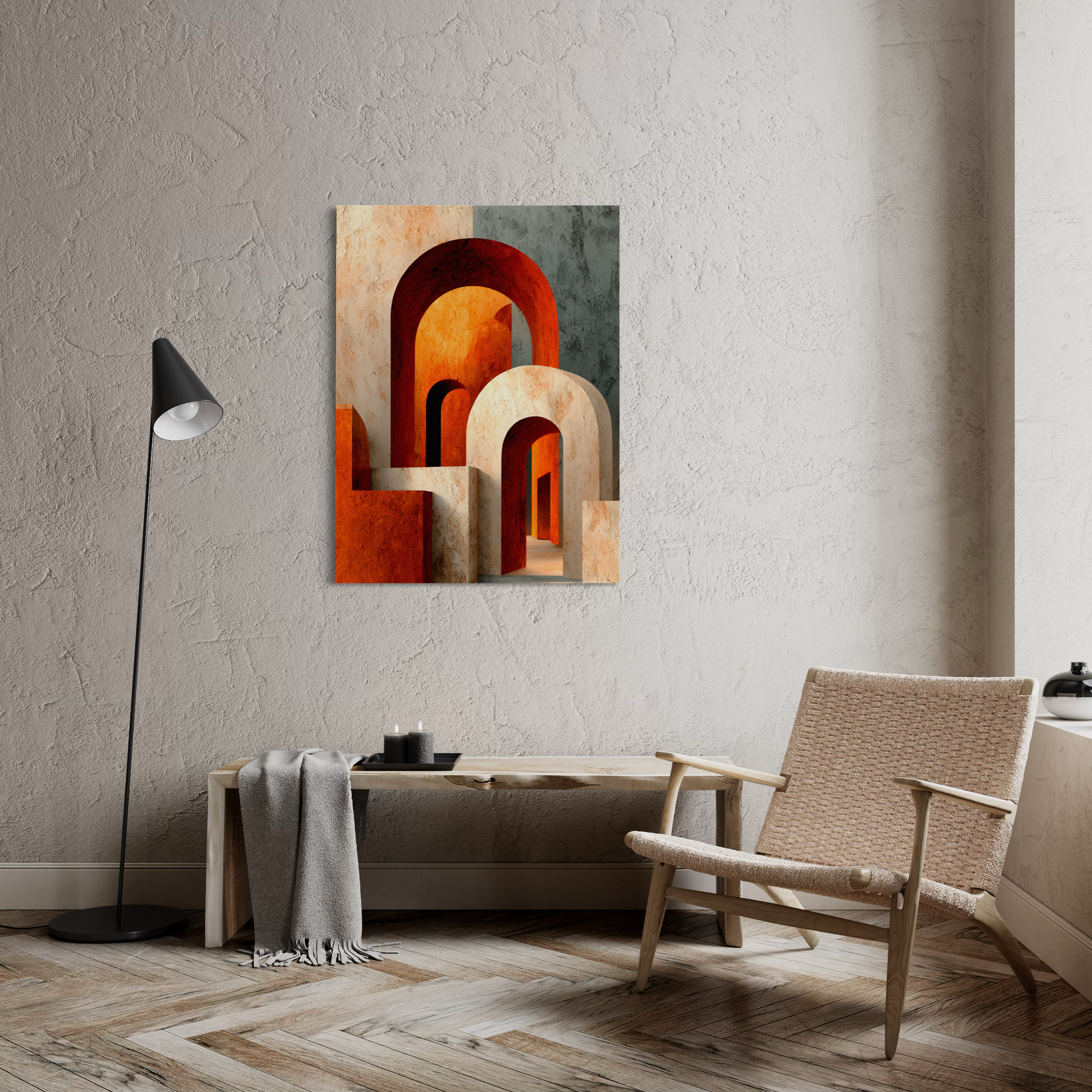 Tableau Japandi représentant des voûtes architecturales orange et terracotta dans un style minimaliste contemporain